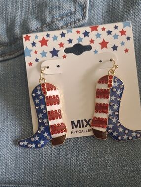 Cowboy American Boots Red White And Blue Earrings.
